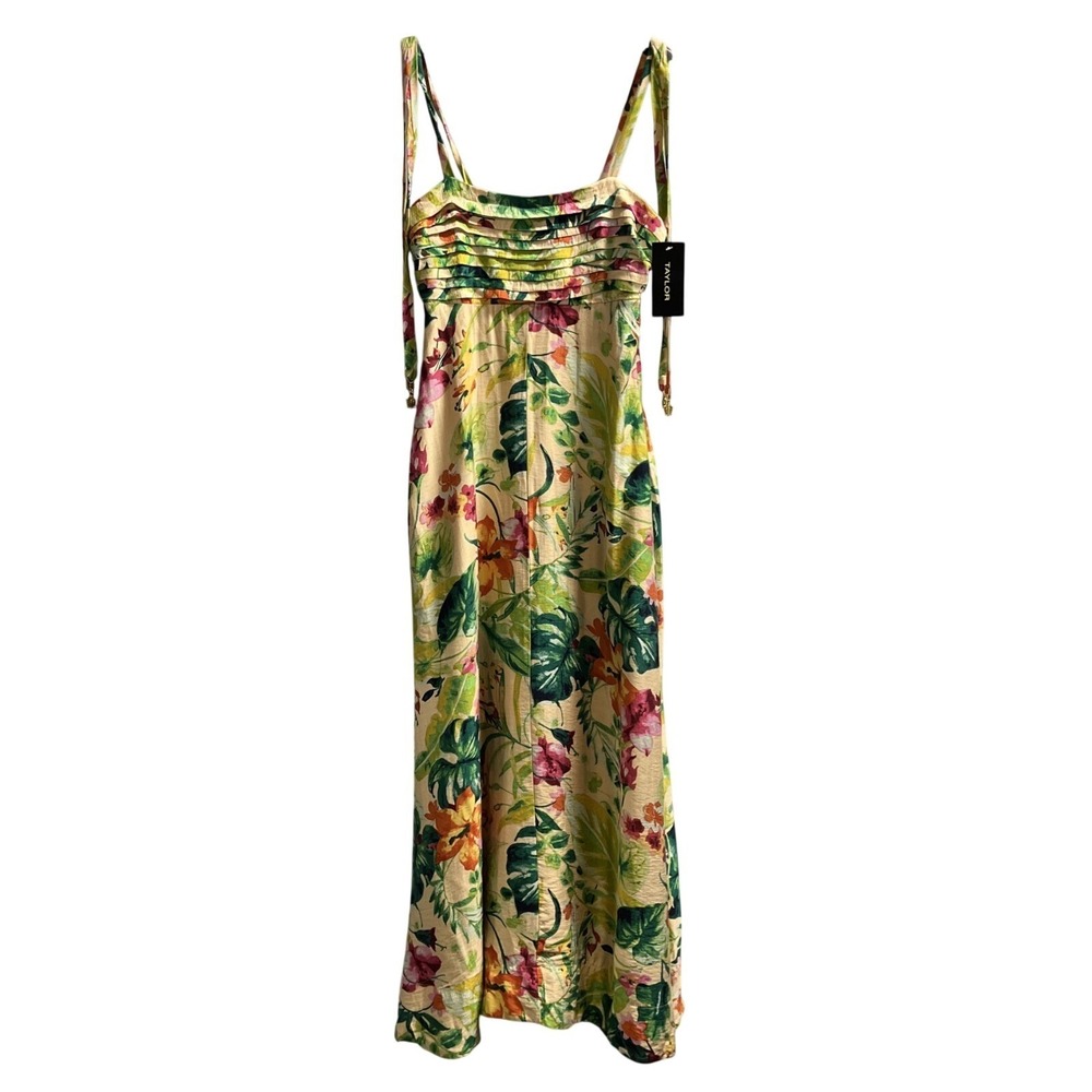 Taylor Dress Tropical Floral Maxi Pleated Bodice Size XS Turtle Charm‎ Strap